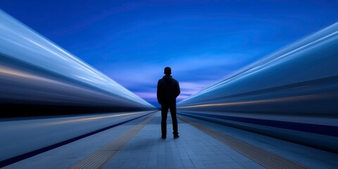 Traveler Standing Alone on Empty Platform as High-Speed Train Passes