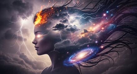 Cosmic Mindscape: Woman's Profile with Galaxy, Fire, and Lightning Imagery