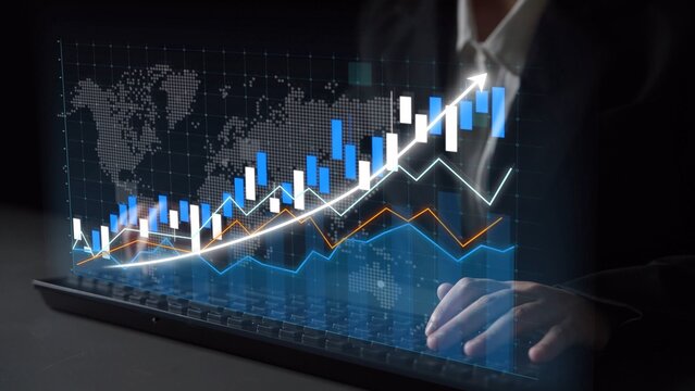 A businessman engages with a laptop displaying digital financial charts and data analytics, representing trends and growth in the modern economy and investment landscape. Copula - Powered by Adobe