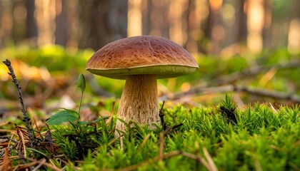 Close-up of a large mushroom in a forest