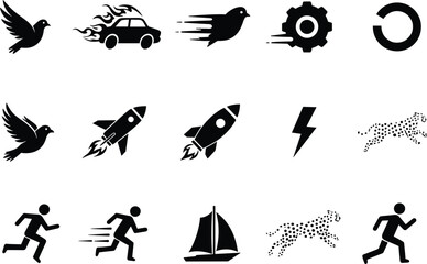Fast motion icon set with rocket, car, cheetah, bird, runner and lightning, black silhouette vector collection for speed, delivery, technology design