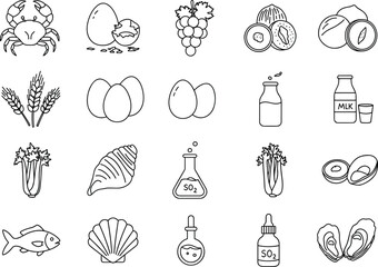 Food allergy icons, allergen symbols vector, seafood allergy illustration, milk intolerance icon, nut allergy signs, gluten free symbol, egg allergy design