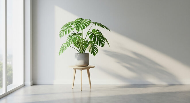 Elegant Monstera plant bathed in stunning natural light, casting dramatic chiaroscuro shadows across a bright, minimalist interior with contemporary design - Powered by Adobe