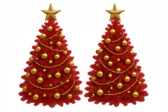 Red christmas trees with golden star and ornaments, festive holiday season decoration on transparent background