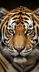 Fototapeta premium Close-up view of a tiger's face, showcasing intricate details of its fur and striking eyes.