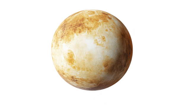 A realistic 3D rendering of the planet Venus. its textured surface with a mix of yellow and brown hues. set against a plain white background. ideal for educational or scientific use