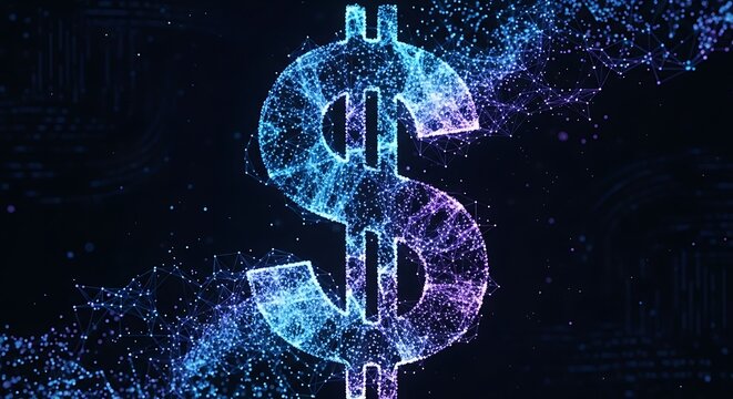 A dynamic, glowing dollar sign, composed of interconnected points of light, stands out against a dark background of abstract patterns. - Powered by Adobe