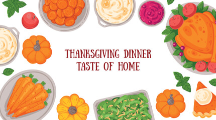 Thanksgiving day, family dinner. Hand drawn flat style. Top view vector illustration. Festive dinner with turkey and potato, apple pie, vegetables, fruits. Autumn food