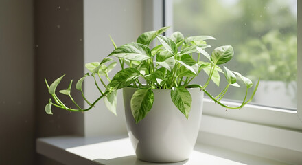 Striking variegated Pothos plant bathed in dynamic natural light on a minimalist windowsill, casting gentle shadows and enhancing a fresh home interior