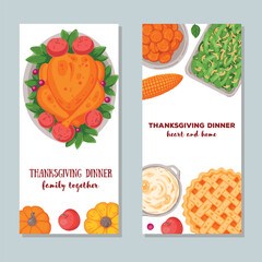 Thanksgiving day, family dinner. Banner set. Hand drawn flat style. Vector illustration. Festive dinner with turkey and potato, apple pie, vegetables, fruits. Autumn food