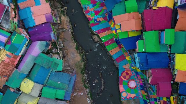 aerial view from above of the iconic tourism village destination of Malang City is the Jodipan Colorful Village.