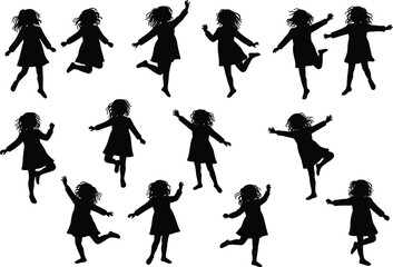 Little girl jumping silhouettes, children dancing, playful poses, vector art, kids movement, fun child illustration, joyful energy, childhood happiness, silhouette design