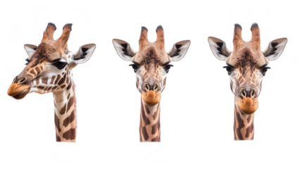 A majestic giraffe displaying three different poses against a clean white background. emphasizing its unique features and natural beauty. ideal for educational and wildlife-themed projects