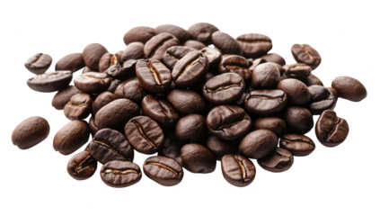 A close-up view of a pile of roasted coffee beans their rich brown color and unique texture. ideal for promoting coffee products or related culinary content