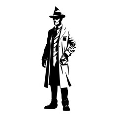 Mysterious figure in a trench coat standing confidently in a vintage detective style