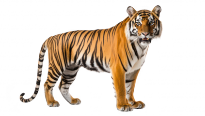 A majestic tiger stands confidently against a white background. its striking orange and black stripes. symbolizing strength and beauty in wildlife photography
