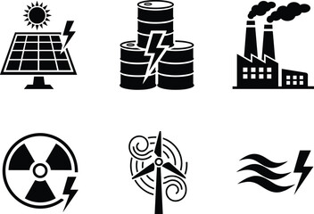 Renewable energy icons set, solar panel power symbol, nuclear energy design, wind turbine electricity, fossil fuel factory pollution, alternative eco sources illustration