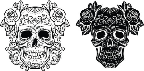 Sugar skull roses illustration, Day of the Dead artwork, Mexican skull design, floral Calavera, tattoo style engraving, Dia de los Muertos
