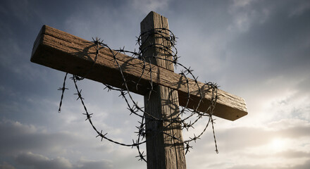 Wooden cross wrapped in barbed wire against dramatic sky  