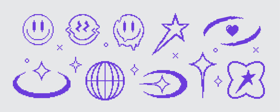 Pixel y2k retro icons set. Abstract vector elements in vaporwave acid style. Geometric sticker shapes in pixel art style. Digital brutalist techno glitch bitmap symbols collection. Isolated
