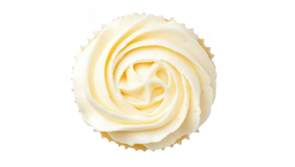A beautifully decorated vanilla cupcake topped with a swirl of creamy frosting. placed on a clean white background. perfect for dessert menus or baking blogs