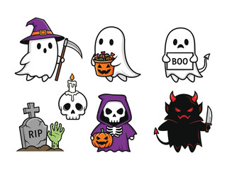 Whimsical Halloween Characters: A collection of cute cartoon ghosts and monsters, each dressed in classic Halloween costumes and props, spreading spooky delight.