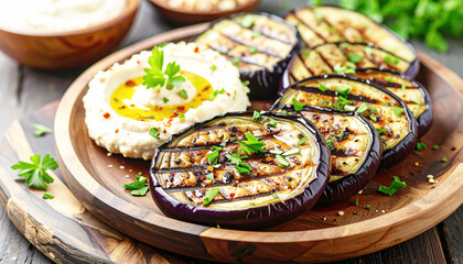 Grilled eggplant slices served with creamy hummus. AI