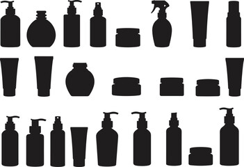 Set of cosmetic bottle and container silhouette vector illustrations including pump, spray, tube, and jar shapes for beauty design projects.