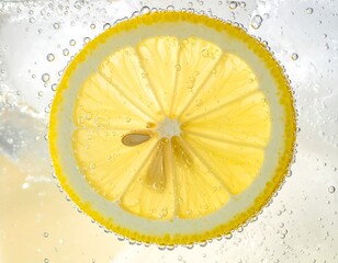 Close-up of a lemon slice in bubbly water