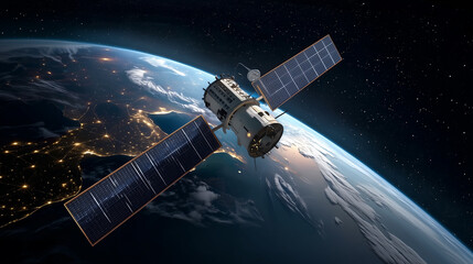 Sleek High-Tech Artificial Satellite Orbiting Earth Amid Twinkling Stars