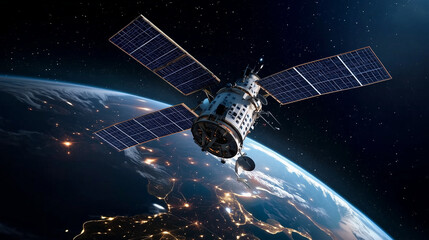 Sleek High-Tech Artificial Satellite Orbiting Earth Amid Twinkling Stars
