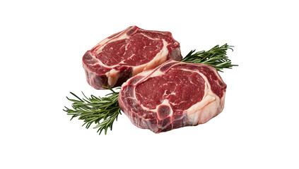 Two fresh. marbled ribeye steaks placed on a clean white background. surrounded by sprigs of rosemary. their rich color and texture. ideal for culinary presentations or recipe illustrations