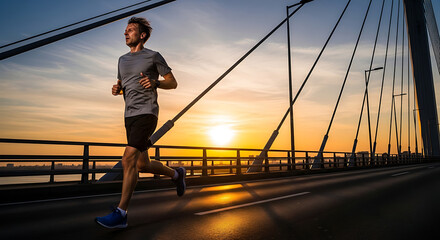 Man jogging on a bridge during a sunrise Cardio exercise for wellness Morning run for fitness Healthy lifestyle Outdoor running