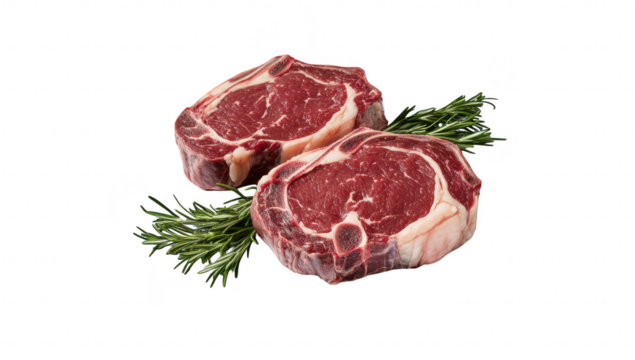 Two fresh. marbled ribeye steaks placed on a clean white background. surrounded by sprigs of rosemary. their rich color and texture. ideal for culinary presentations or recipe illustrations