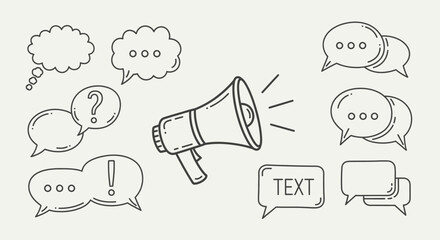 Hand-drawn illustration featuring a megaphone with various speech bubbles for communication