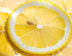 Close-up of a lemon slice in water with bubbles