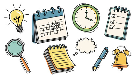 Doodle illustration showing time management and planning elements for productivity and efficiency