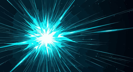 Dynamic teal burst with radiating light streaks on a dark space backdrop creating a futuristic and
