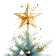 Watercolor christmas tree with gold star and ornaments on white background