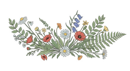Elegant floral arrangement illustration featuring wildflowers and ferns, perfect for designs