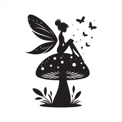 Fairy sitting on mushroom with fireflies vector silhouette clip art logo design concept illustration