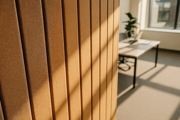 Modern Office Interior with Vertical Wooden Wall Panels Sunlight Shadows Minimalist Workspace Desk Plant Contemporary Architecture Design