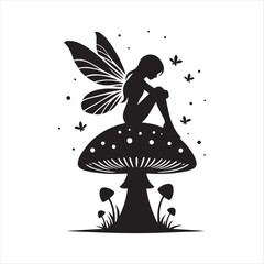 Fairy sitting on mushroom with fireflies vector silhouette clip art logo design concept illustration