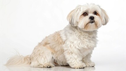 Fototapeta premium Maltese mix dog with soft fluffy coat and expressive face, sitting on a clean white studio background, sharp focus, professional lighting, detailed pet photography