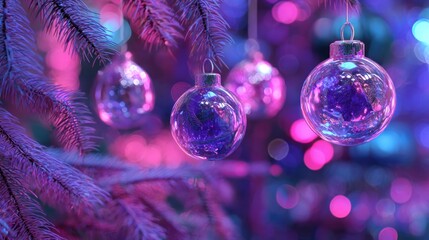 Sparkling Christmas ornaments glow with vibrant purple and pink lights on a festive tree.