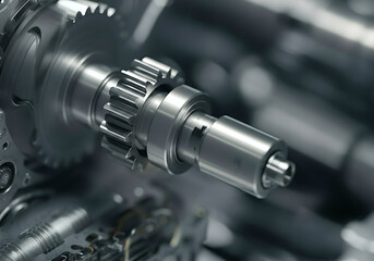 Close up of intricate metal gears and engine components demonstrating mechanical precision engineering and automotive technology used in powertrain assembly