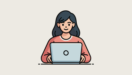 Young woman working on a laptop computer, illustration of a person typing on a keyboard, modern technology and remote work concept, flat design style, simple and clean vector art