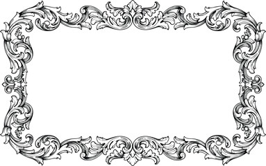 Vintage rectangular ornate frame illustration, baroque decorative border design, antique scroll engraving ornament, elegant floral vector template, classic invitation artwork