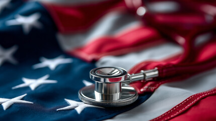 Stethoscope on american flag representing healthcare in the united states