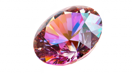 A stunning oval-cut gemstone with pink and orange hues reflecting light. placed on a clean white surface. its brilliance and potential for use in jewelry design